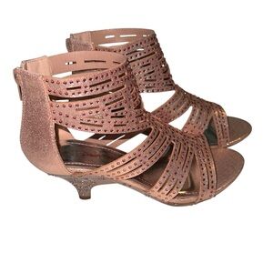 Girls Dress Shoes Low Heel Rhinestone Dance Wedding Pink Rose Gold Size 6 Girls
